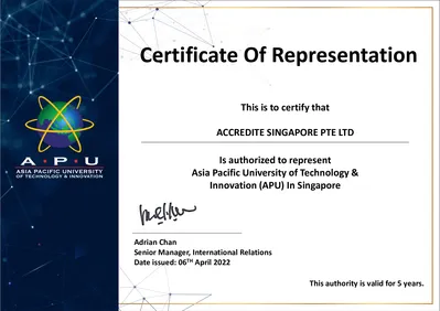 Сертификат представительства Asia Pacific University of Technology & Innovation (APU)