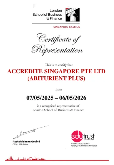 Сертификат представительства London School of Business & Finance Singapore
