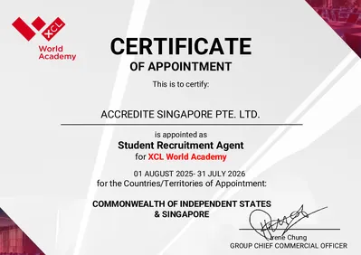 Сертификат назначения студенческим рекрутинговым агентом XCL World Academy